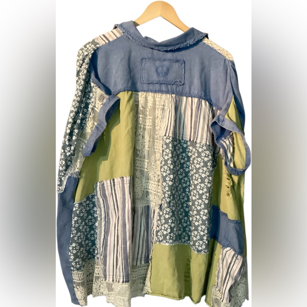 Blue Velvet Patchwork Button Down Bat-Wing Tunic/Shirt Sz S/M - Picture 10 of 10